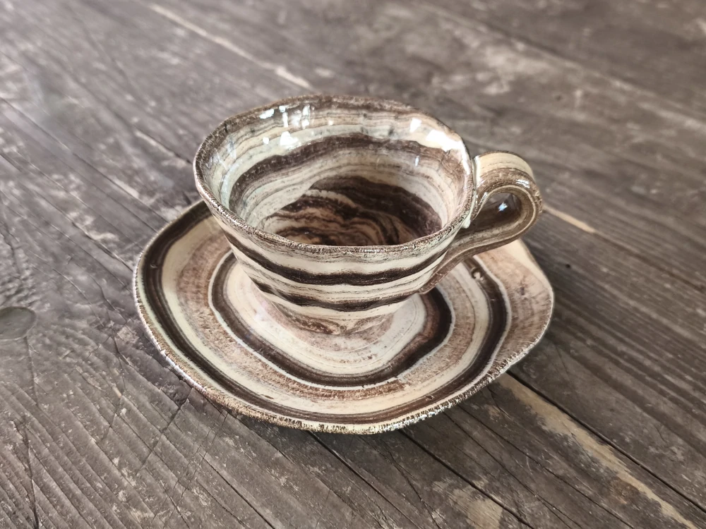 Keramická šálka na kávu espresso - lungo - ristretto 70 ml – Unikát! - béžovo-hnedá ručná výroba – modelovaná